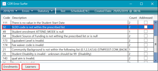 Selected error and highlighted Enrolments and Learners buttons